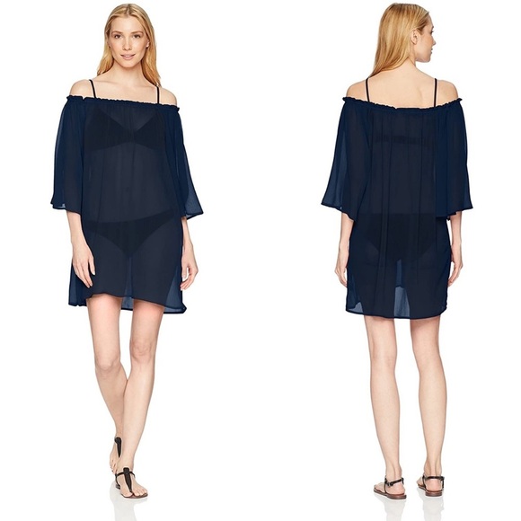 New Ellen Tracy Navy Sheer Off Shoulder Cover Up - Picture 1 of 3